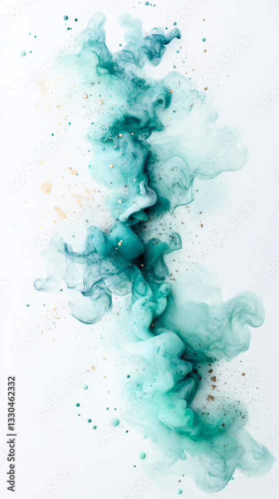 Poster turquoise ink spiraling, blending with golden particles underwater, forming ethereal abstract patter