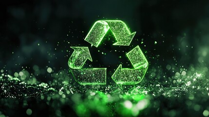 Glowing green recycling symbol radiating environmental awareness on a dark, sparkling background