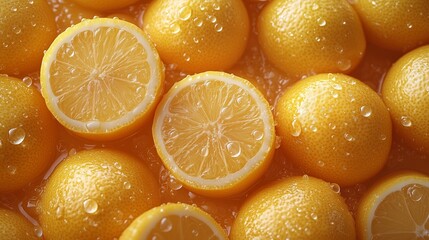 Close-up of vibrant lemons, halved and whole, covered in fresh droplets, highlighting juicy texture and refreshing nature.