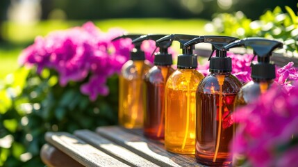 Bright Outdoor Pest Control Sprays on Wooden Bench