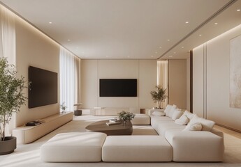 Fototapeta premium Modern minimalist living room with beige sofa, large TV, and plants.
