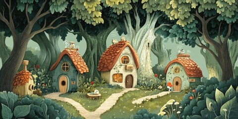 Obraz premium Whimsical village of colorful mushroom houses nestled deep within the forest