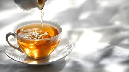 Pouring hot tea into porcelain cup on white