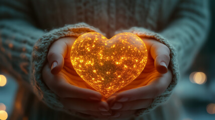 Woman's Hands Gently Holding A Glowing Golden Heart, Warm Lighting 