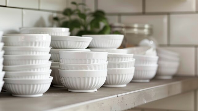A neatly stacked pile of white ceramic ramekins on a kitchen shelf 8K - Powered by Adobe