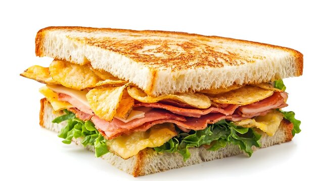 Ruben sandwich with potato chips on white