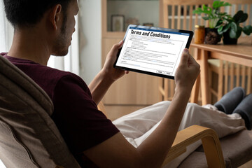 Naklejka premium Digital legal contract provide terms and conditions document on computer screen ready for online digital signature for deal agreement of future business snugly