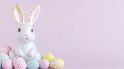 Ceramic bunny with colorful easter eggs on pastel background