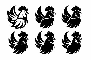 chicken rooster head mascot logo set line art silhouette vector illustration