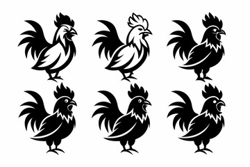 chicken rooster head mascot logo set line art silhouette vector illustration