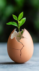 New beginnings concept with young green sprig emerging from cracked eggshell