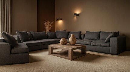 A sleek modern living room with a dark gray fabric corner sofa and matching armchair
