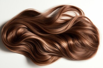 Fototapeta premium Brown hair in a long, wavy ponytail stands out against a white backdrop