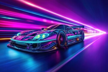 Fast car in neon light. AI.