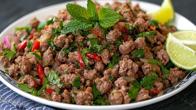 Delicious Laotian larb salad featuring minced meat, fresh mint, lime, and chili in vibrant traditional tableware