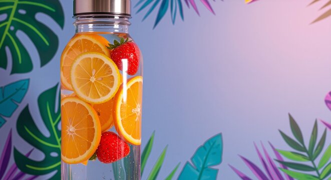 Fresh fruit-infused water in a clear bottle with vibrant oranges and strawberries, exuding a refreshing vibe against a colorful tropical background