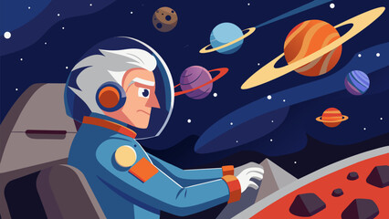 A silverhaired pilot skillfully navigating a spacecraft through a treacherous asteroid field their steady hand keeping the crew safe.. Vector illustration