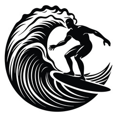 Surfer Riding Wave Silhouette Vector, Black silhouette of surfing person