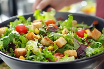 Close-up of a chef tossing a colorful salad