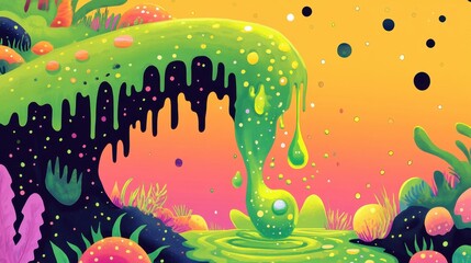 Fototapeta premium Colorful abstract landscape featuring dripping green slime and unique foliage
