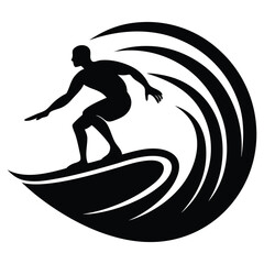 Surfer Riding Wave Silhouette Vector, Black silhouette of surfing person