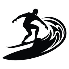 Surfer Riding Wave Silhouette Vector, Black silhouette of surfing person