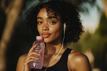 On a sunny day at the park, a young African American woman who is a fitness athlete listens to music with earphones while hydrating with water from a reusable bottle after her workout