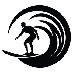 Surfer Riding Wave Silhouette Vector, Black silhouette of surfing person