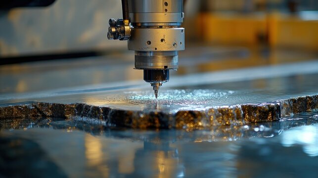 Industrial waterjet cutting of granite.  High-precision machine cuts stone with water