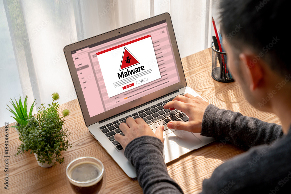 Poster cyber attacking concept. malware alert showing on computer screen display scam and threat detection 