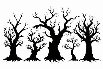 spooky trees set line art silhouette vector illustration