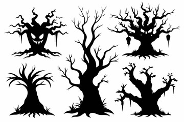 spooky trees set line art silhouette vector illustration