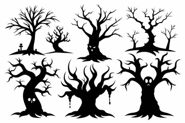spooky trees set line art silhouette vector illustration