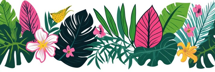 Vibrant Tropical Paradise: A Lush Floral and Leafy Composition