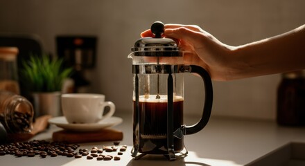 Hand pressing french press coffee at sunlit kitchen counter