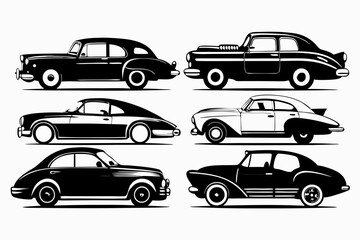 vintage classic car set line art silhouette vector illustration