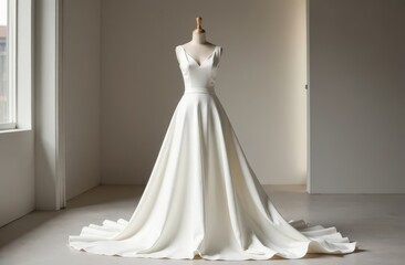 A simple, minimalist wedding dress with clean lines and a sleek silhouette, displayed against a modern backdrop 