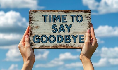 Hands holding a farewell board against a clear blue sky with fluffy clouds signaling a moment of departure and emotion