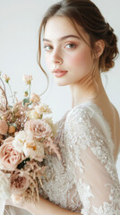 Naklejka premium Elegant bridal portrait with luxurious wedding dress and floral bouquet