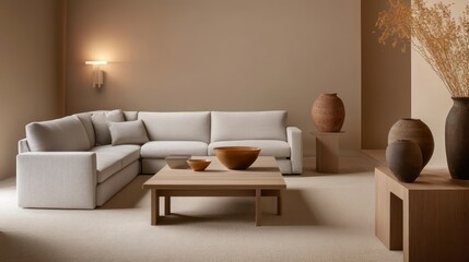 Fototapeta premium A spacious living room featuring a light gray fabric corner sofa with matching armchair, a minimalist wooden table adorned with modern vases