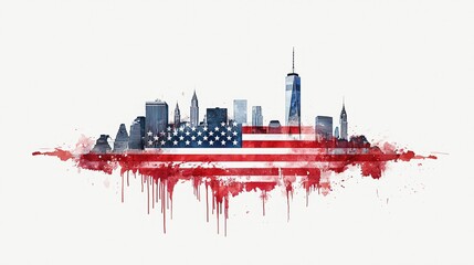Watercolor skyline painting with American flag overlay symbolizing remembrance on Patriot Day