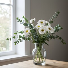 A modern Scandinavian-inspired floral arrangement featuring daisies and eucalyptus leaves.