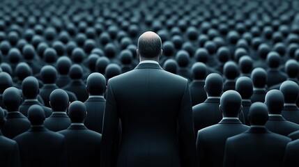 Leader stands silhouetted among a crowd of identical suits, highlighting individuality in a moment of conformity