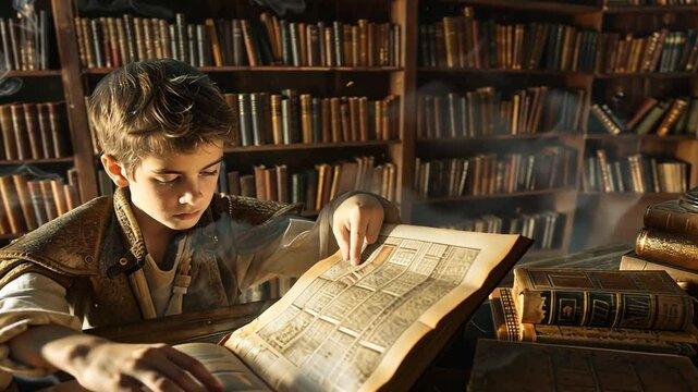 Retro Frau liest konzentriert ein antikes Buch in einer Bibliothek