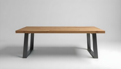 A studio shot of a rectangular dining table with a wooden top and metal legs, set against a neutral background