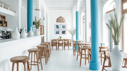 Obraz premium Bright cafe interior, white walls, blue columns, wooden stools, sunny day