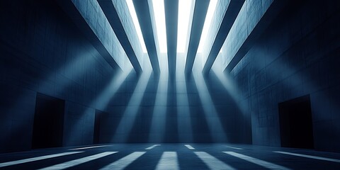 Fototapeta premium Abstract architectural space with light shafts illuminating dark structures