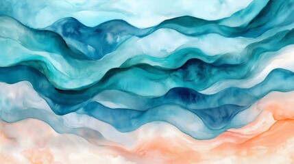 Fluid watercolor waves in teal and coral, dreamy blend
