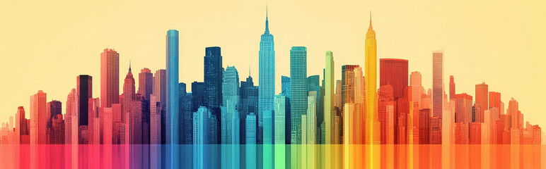 Fototapeta premium A minimalistic surreal illustration of a city skyline where each building top transitions into bright Pride rainbow stripes
