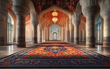 Obraz premium Majestic Hall with Ornate Columns, Colorful Ceiling, and Vibrant Patterned Carpet